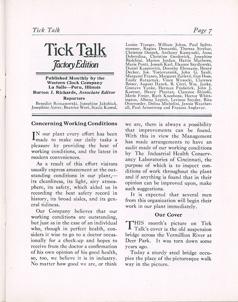 Westclox Tick Talk, September 1936 (Factory Edition), Vol. 21 No. 7 > 7. Cover Caption: Old Suspension Bridge Across The Vermillion River At Deer Park. It Has Been Replaced By A Sturdy Steel Bridge.