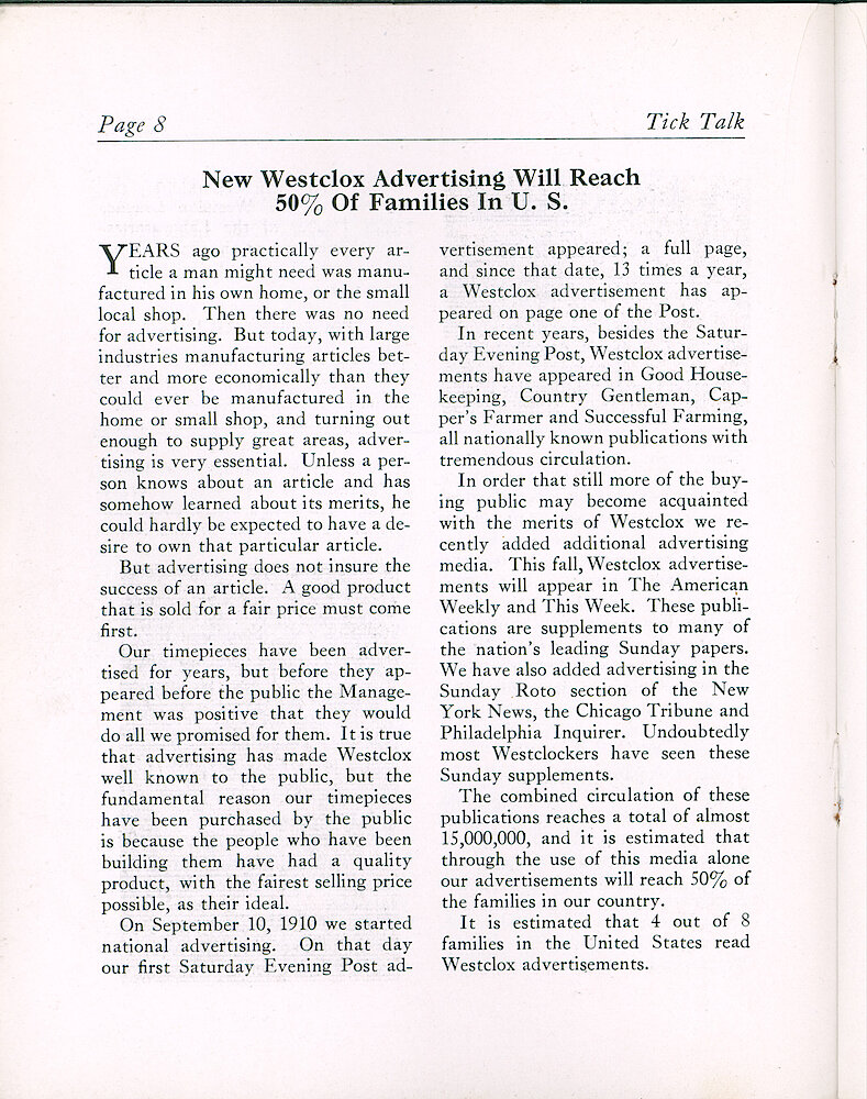 Westclox Tick Talk, September 1936 (Factory Edition), Vol. 21 No. 7 > 8. Marketing: "New Westclox Advertising Will Reach 50 Of Families In U.S."