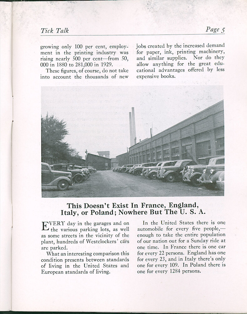 Westclox Tick Talk, October 1936 (Factory Edition), Vol. 21 No. 8 > 5. Picture: Cars Parked Beside The Westclox Factory.