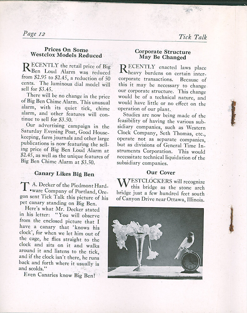 Westclox Tick Talk, October 1936 (Factory Edition), Vol. 21 No. 8 > 12. MARKETING: PRICE: "Prices On Some Westclox Models Reduced" Big Ben Loud Alarm Plain And Luminous. Advertising Campaign In Saturday Evening Post, Good Housekeeping, Farm Journals, And Other Large Publications Is Now Featuring The Selling Price Of Big Ben Loud Alarm At $2.45, As ... 