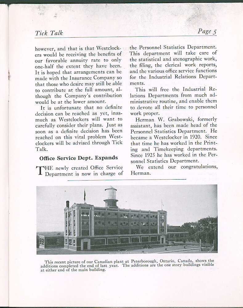 Wesclox Tick Talk, November 1936 (Factory Edition), Vol. 21 No. 9 > 5. Factory: Westclox Plant At Peterborough, Ontario, Canada.