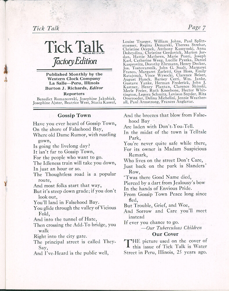 Wesclox Tick Talk, November 1936 (Factory Edition), Vol. 21 No. 9 > 7. Cover Caption: "Water Street In Peru, Illinois 25 Years Ago (1911).