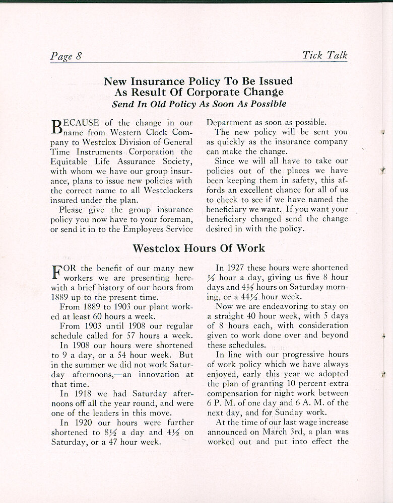 Westclox Tick Talk, April 23, 1937 (Factory Edition), Vol. 22 No. 2 > 8. Manufacturing: "Westclox Hours Of Work" From Over 60 Hours A Week During 1889 To 1903 To A 40 Hour Week Now.