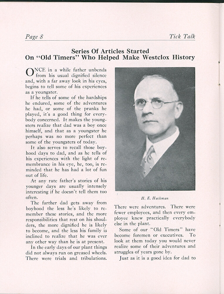 Westclox Tick Talk, July 1, 1937 (Factory Edition), Vol. 22 No. 4 > 8. Personnel: "Series Of Articles On Old Timers Who Helped Make Westclox History" Picture: Personnel: H. E. Hackman