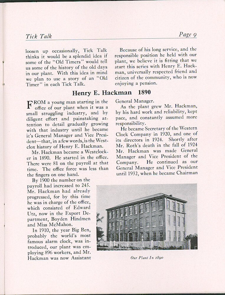 Westclox Tick Talk, July 1, 1937 (Factory Edition), Vol. 22 No. 4 > 9. Personnel: H. E. Hackman Picture: "Our Plant In 1890"