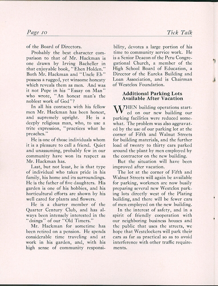 Westclox Tick Talk, July 1, 1937 (Factory Edition), Vol. 22 No. 4 > 10. Personnel: H. E. Hackman