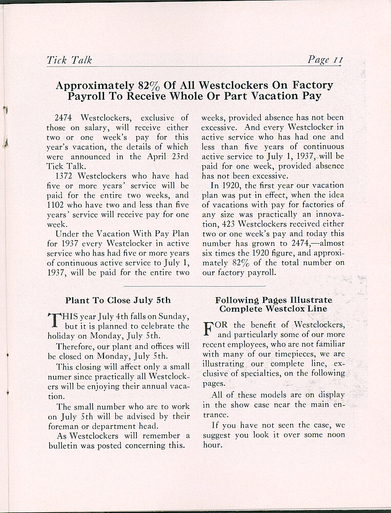 Westclox Tick Talk, July 1, 1937 (Factory Edition), Vol. 22 No. 4 > 11. Current Models: "Following Pages Illustrate Complete Westclox Line"