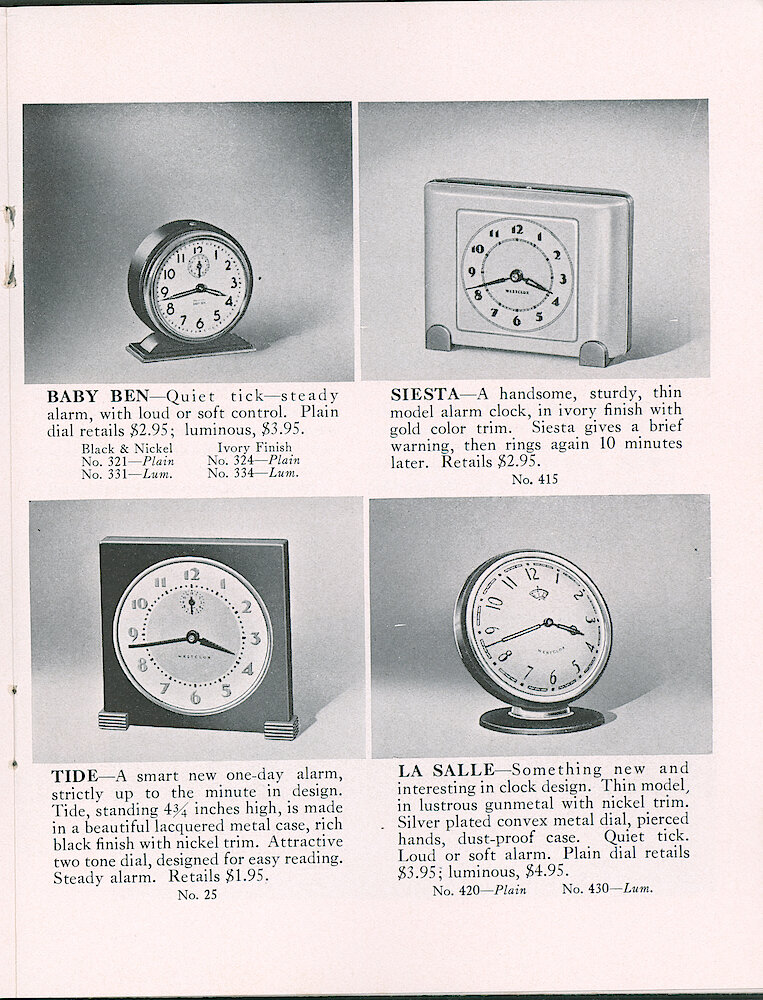 Westclox Tick Talk, July 1, 1937 (Factory Edition), Vol. 22 No. 4 > 13. Current Models: Baby Ben (Style 4), Siesta, Tide, La Salle (Style 2).