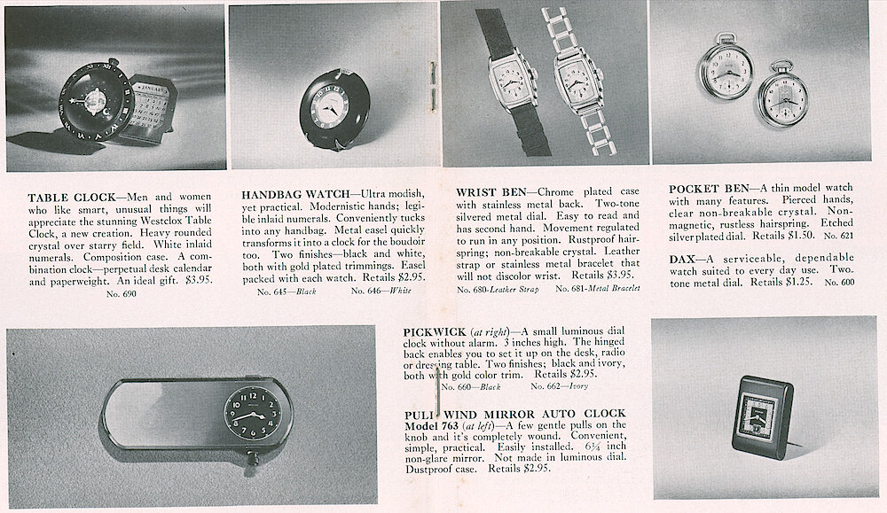 Westclox Tick Talk, July 1, 1937 (Factory Edition), Vol. 22 No. 4 > 14-15. Current Models: Table Clock, Handbag Watch, Wrist Ben (Style 1), Pocket Ben (Style 4), Dax (Style 3), Pickwick, Pull Wind Mirror Auto Clock.