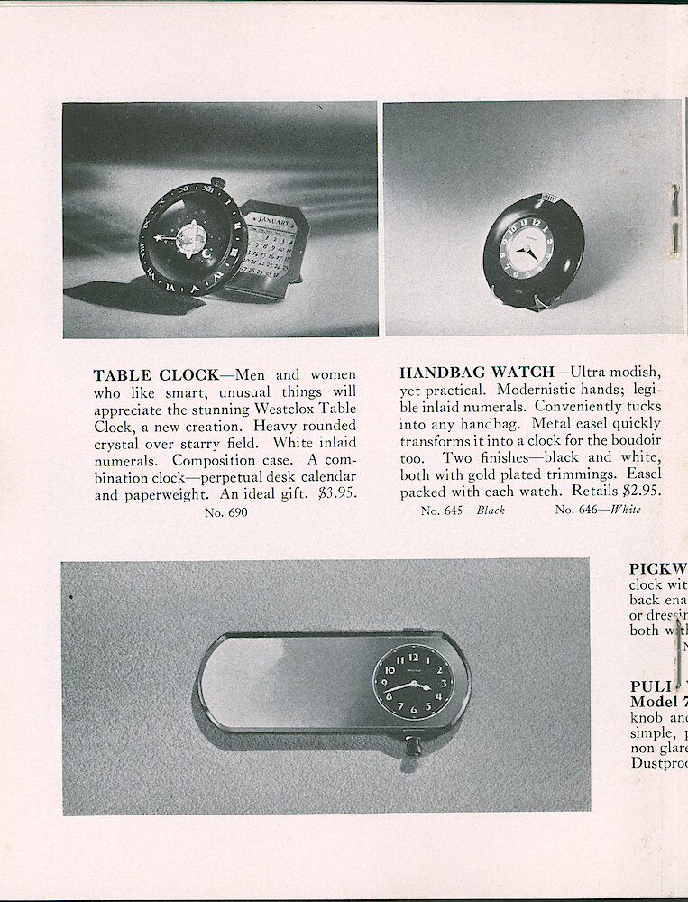 Westclox Tick Talk, July 1, 1937 (Factory Edition), Vol. 22 No. 4 > 14. Current Models: Table Clock, Handbag Watch, Pull Wind Mirror Auto Clock.