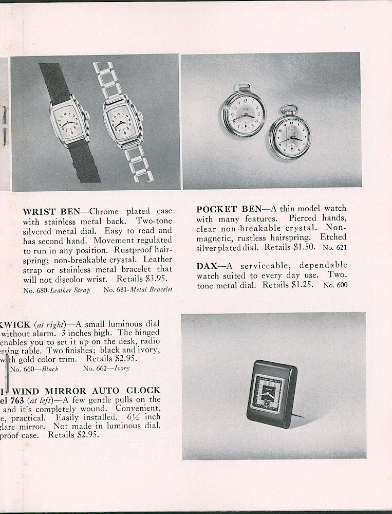 Westclox Tick Talk, July 1, 1937 (Factory Edition), Vol. 22 No. 4 > 15. Current Models: Wrist Ben (Style 1), Pocket Ben (Style 4), Dax (Style 3), Pickwick.