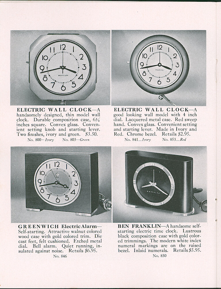 Westclox Tick Talk, July 1, 1937 (Factory Edition), Vol. 22 No. 4 > 16. Current Models: Electric Wall Clock (square With Cut Corners), Elecric Wall Clock (round), Greenwich Electric Alarm (style 1), Ben Franklin (black Bakelite With Rounded Ends).