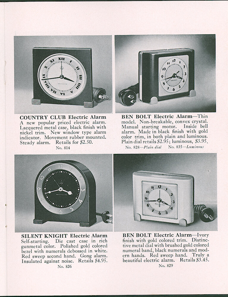 Westclox Tick Talk, July 1, 1937 (Factory Edition), Vol. 22 No. 4 > 17. Current Models: Country Club Electric Alarm, Ben Bolt Electric Alarm (both Black And Ivory Are Pictured), Silent Knight Electric Alarm.