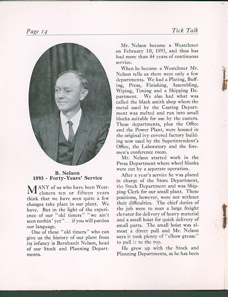 Westclox Tick Talk, September 17, 1937 (Factory Edition), Vol. 22 No. 6 > 14. Personnel: Bernhardt Nelson, Who Started In 1893. Worked In Press, Store, And Was Shipping Clerk.