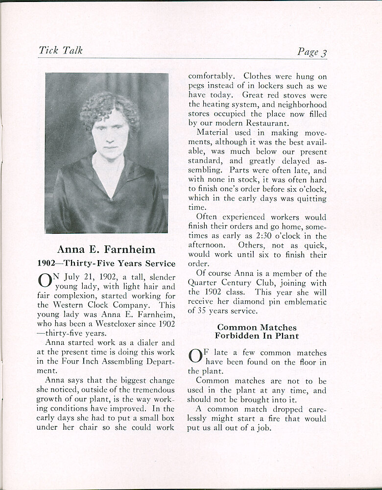 Westclox Tick Talk, November 5, 1937 (Factory Edition), Vol. 22 No. 7 > 3. Personnel: Anna E. Farnheim Has Reached 35 Years Of Service. Started As Dialer In 1902, Now In Four Inch Assembling. Manufacturing: "Common Matches Forbidden In Plant"