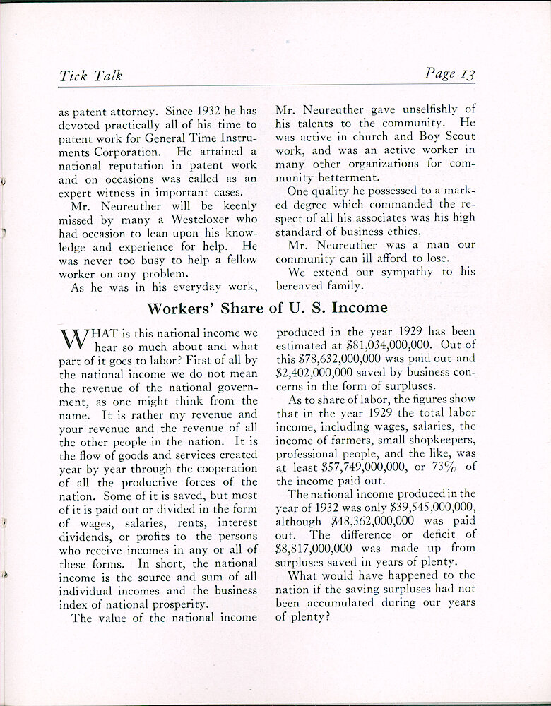 Westclox Tick Talk, November 5, 1937 (Factory Edition), Vol. 22 No. 7 > 13. Personnel: Andrew H. Neureuther