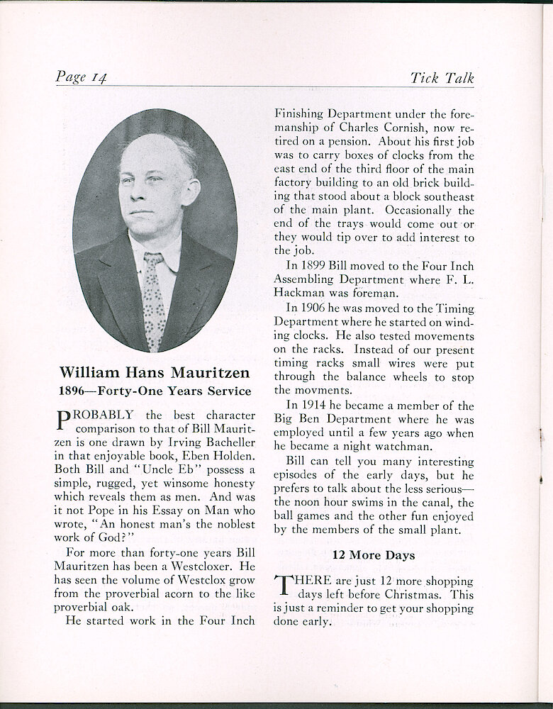 Westclox Tick talk, December 10, 1937 (Factory Edition), Vol. 22 No. 8 > 14. Personnel: William Hans Mauritzen Has Reached 41 Years Of Service. Started In Four Inch Finishing In 1896.