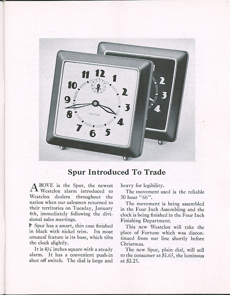 Westclox Tick Talk, January 25, 1938 (Factory Edition), Vol. 23 No. 1 > 5. New Model: Spur Black (Style 1), $1.65 Plain, $2.25 Luminous.