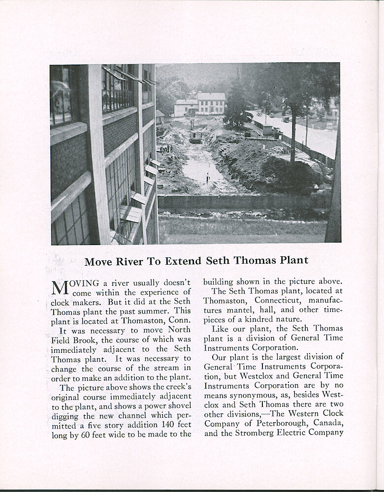 Westclox Tick Talk, January 25, 1938 (Factory Edition), Vol. 23 No. 1 > 8. Factory (Seth Thomas): "Move River To Extend Seth Thomas Plant". Divisions Of General Time Instruments Corporation Mentioned: Westclox, Seth Thomas, The Western Clock Company Of Peterborough, Canada, Stromberg Electric Company Of Chicago, Illinois.