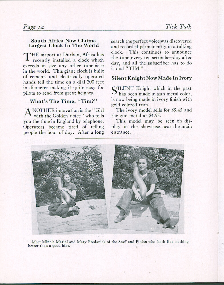 Westclox Tick Talk, January 25, 1938 (Factory Edition), Vol. 23 No. 1 > 14. New Model: Silent Knight Now Made In Ivory ($5.45). Gunmetal Is $4.95.