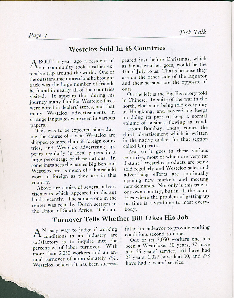 Westclox Tick Talk, April 25, 1938 (Factory Edition), Vol. 23 No. 3 > 4. Marketing: "Westclox Sold In 68 Countries" See Page 5 For Example Ads (Chinese, South Africa, Hong Kong, India, Etc.)