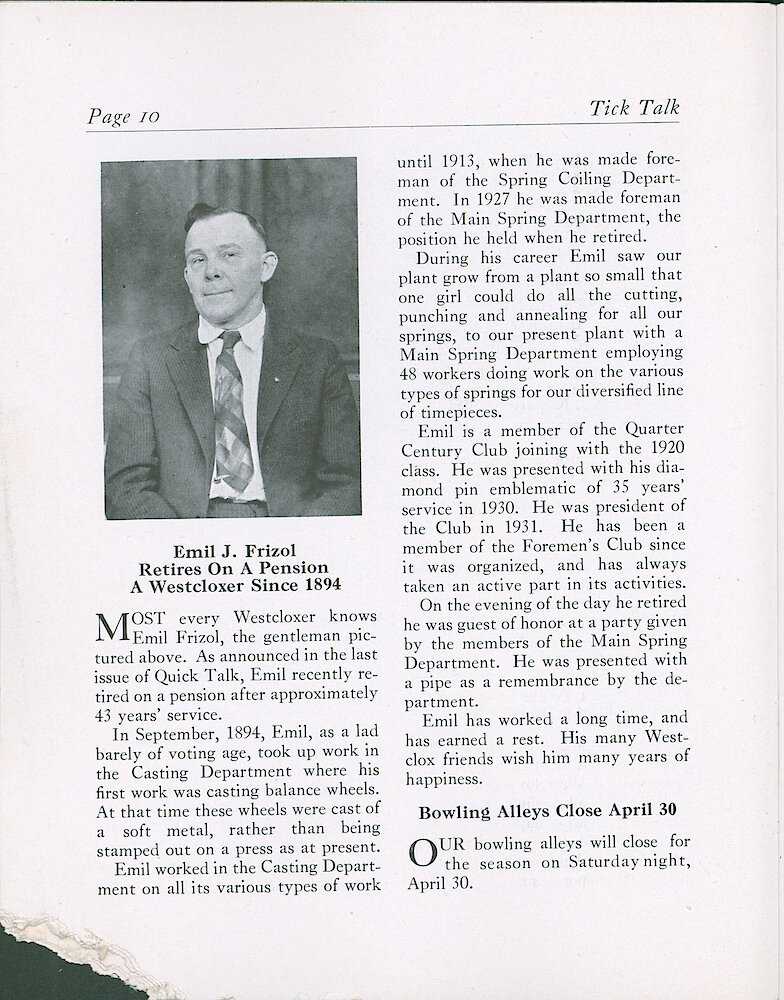 Westclox Tick Talk, April 25, 1938 (Factory Edition), Vol. 23 No. 3 > 10. Personnel: Emil J. Frizol Retires. Started In 1894 In The Casting Department Casting Balance Wheels.