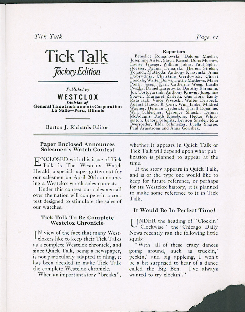 Westclox Tick Talk, April 25, 1938 (Factory Edition), Vol. 23 No. 3 > 11. Article: "Tick Talk To Be Complete Westclox Chronicle" Westclox "Quick Talk" Is Mentioned, Which Is A Newspaper And Is Not As Easy For People To Keep And File Away.