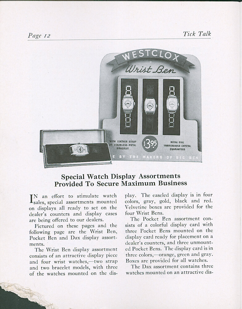 Westclox Tick Talk, April 25, 1938 (Factory Edition), Vol. 23 No. 3 > 12. Marketing: "Special Watch Display Assortments Provided To Secure Maximum Business" Wrist Ben.