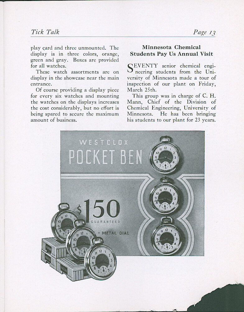 Westclox Tick Talk, April 25, 1938 (Factory Edition), Vol. 23 No. 3 > 13. Marketing: "Special Watch Display Assortments Provided To Secure Maximum Business"  Pocket Ben.