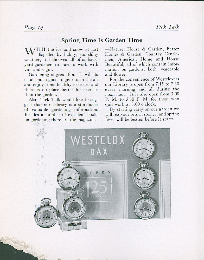 Westclox Tick Talk, April 25, 1938 (Factory Edition), Vol. 23 No. 3 > 14. Marketing: "Special Watch Display Assortments Provided To Secure Maximum Business"  Dax.