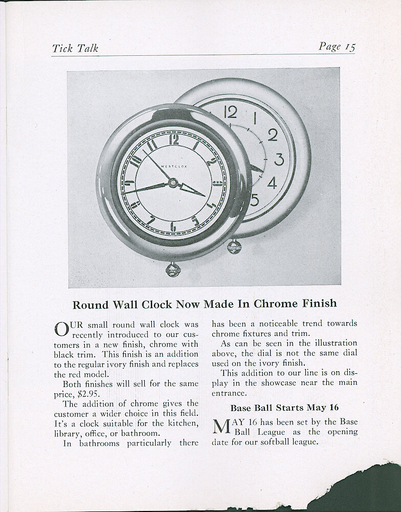 Westclox Tick Talk, April 25, 1938 (Factory Edition), Vol. 23 No. 3 > 15. New Model: Round Electric Wall Clock, Chrome Finish.