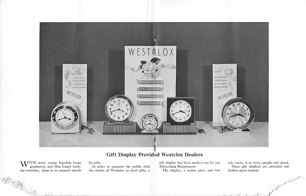 Westclox Tick Talk, April 25, 1938 (Factory Edition), Vol. 23 No. 3 > 16-17. Marketing: "Gift Display Provided Westclox Dealers" Silent Knight, Big Ben, Baby Ben And Andover Are Illustrated.