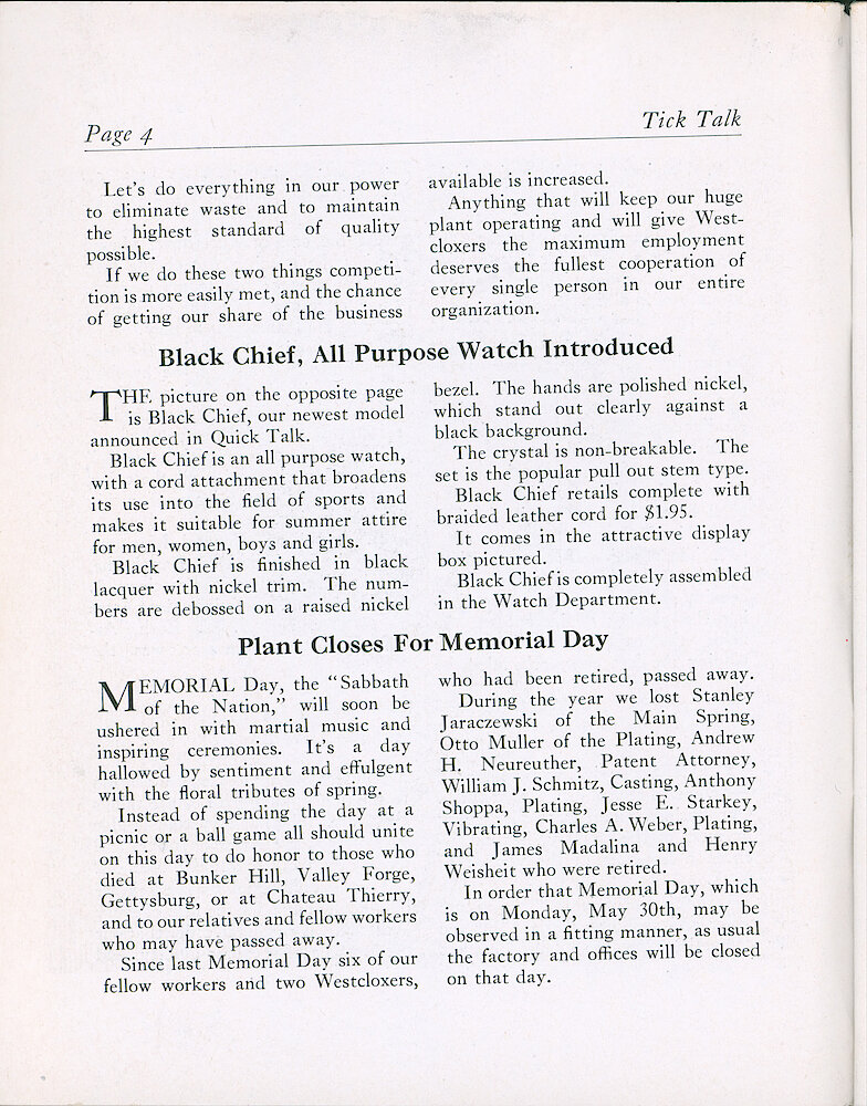 Westclox Tick talk, May 20, 1938 (Factory Edition), Vol. 23 No. 4 > 4. New Model: Black Chief Watch, Black Lacquer With Nickel Trim. Picture On Page 5