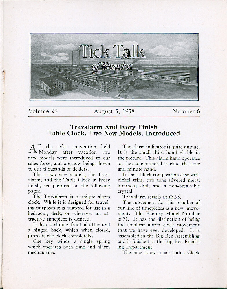 Westclox Tick Talk, August 5, 1938 (Factory Edition), Vol. 23 No. 6 > 1. New Models: Travalarm, Ivory Finish Table Clock. This Is The First Travalarm, In Black Case With Nickel Trim.