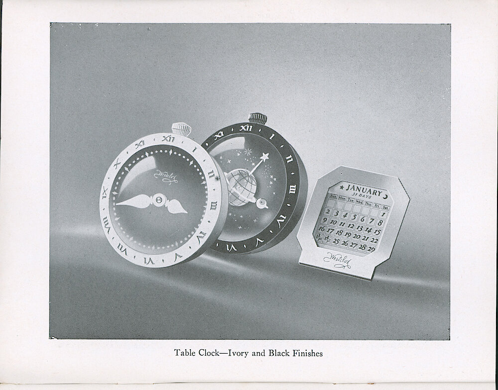 Westclox Tick Talk, August 5, 1938 (Factory Edition), Vol. 23 No. 6 > 2. New Models: Travalarm, Ivory Finish Table Clock. Picture: Ivory Table Clock And Easel, Black Table Clock.