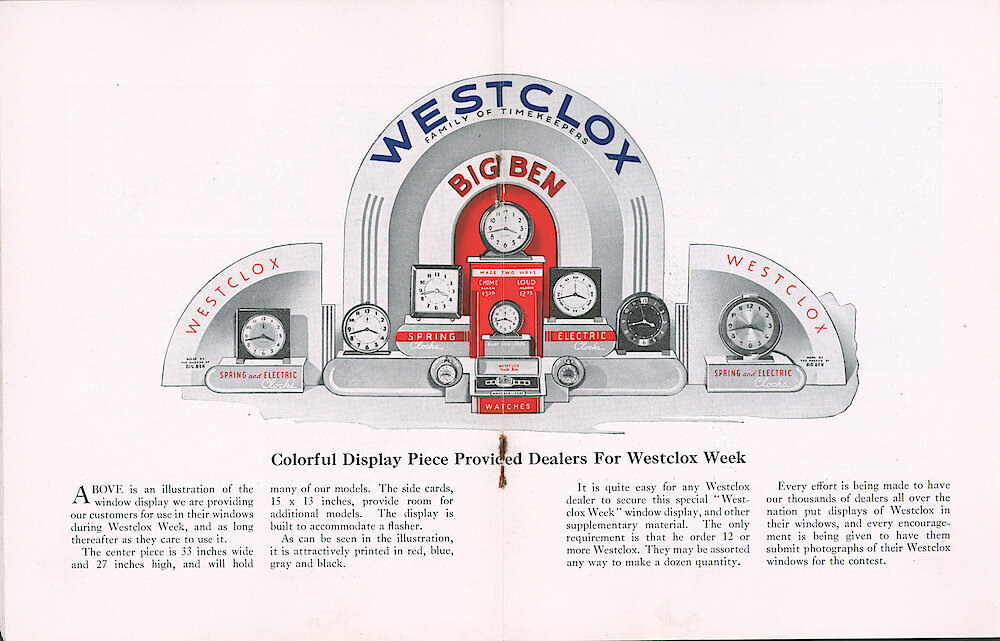 Westclox Tick Talk, August 5, 1938 (Factory Edition), Vol. 23 No. 6 > 14-15. Marketing: Picture: "Colorful Display Piece Provided Dealers For Westclox Week"