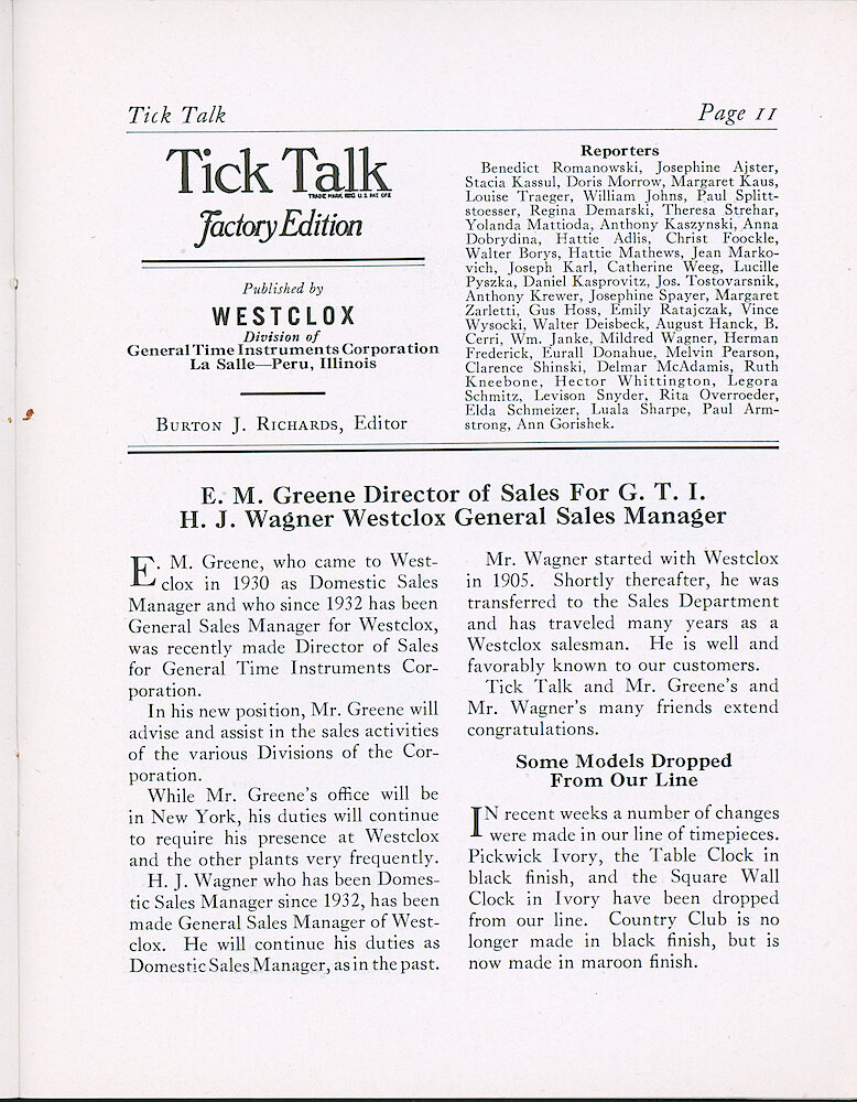 Westclox Tick Talk, October 19, 1938 (Factory Edition), Vol. 23 No. 8 > 11. New Model: Country Club Electric, Maroon. Discontinued Models: Country Club, Black; Pickwick, Ivory; Table Clock, Black; And Square Electric Wall Clock, Ivory.