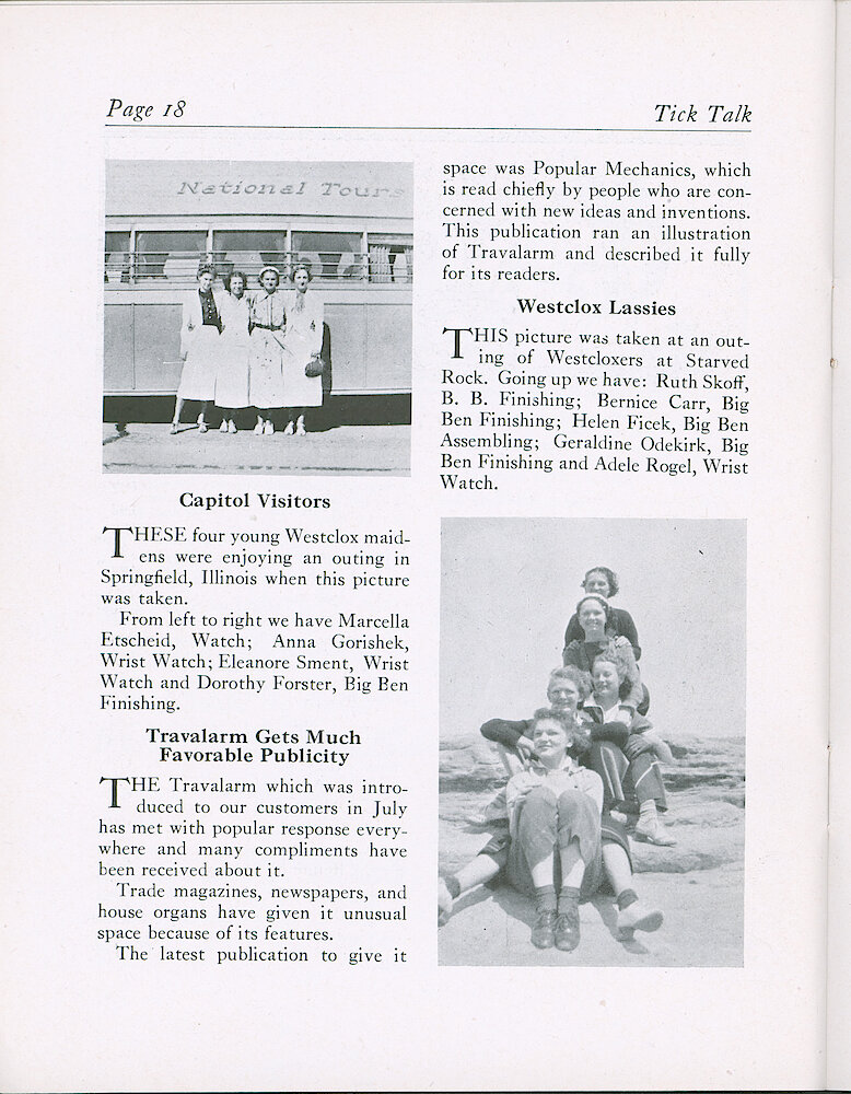 Westclox Tick Talk, October 19, 1938 (Factory Edition), Vol. 23 No. 8 > 18. Marketing: "Travalarm Gets Much Favorable Publicity" Trade Magazines, Newspapers, And House Organs Have Given It Unusual Space Because Of Its Features. The Latest Publication To Give It Publicity Was Popular Mechanics.