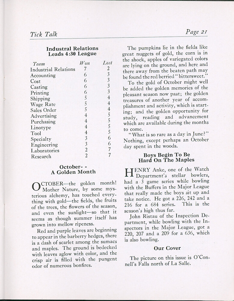 Westclox Tick Talk, October 19, 1938 (Factory Edition), Vol. 23 No. 8 > 21. Cover Caption: O&039;Connell&039;s Falls North Of La Salle.