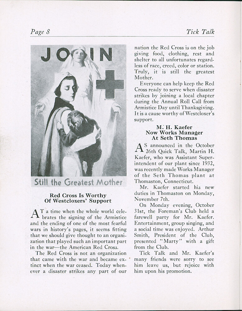 Westclox Tick Talk, November 18, 1938 (Factory Edition), Vol. 23 No. 9 > 8. Personnel: "M. H. Kaefer Now Works Manager At Seth Thomas" He Has Design Patents For One Of The 8 Day Automatic Alarm Cases, The 1931 Bakelite Big Ben Electric Case; And A Patent For The A/C Plug Used On The Back Of The 1931 Big Ben Electric Clocks.