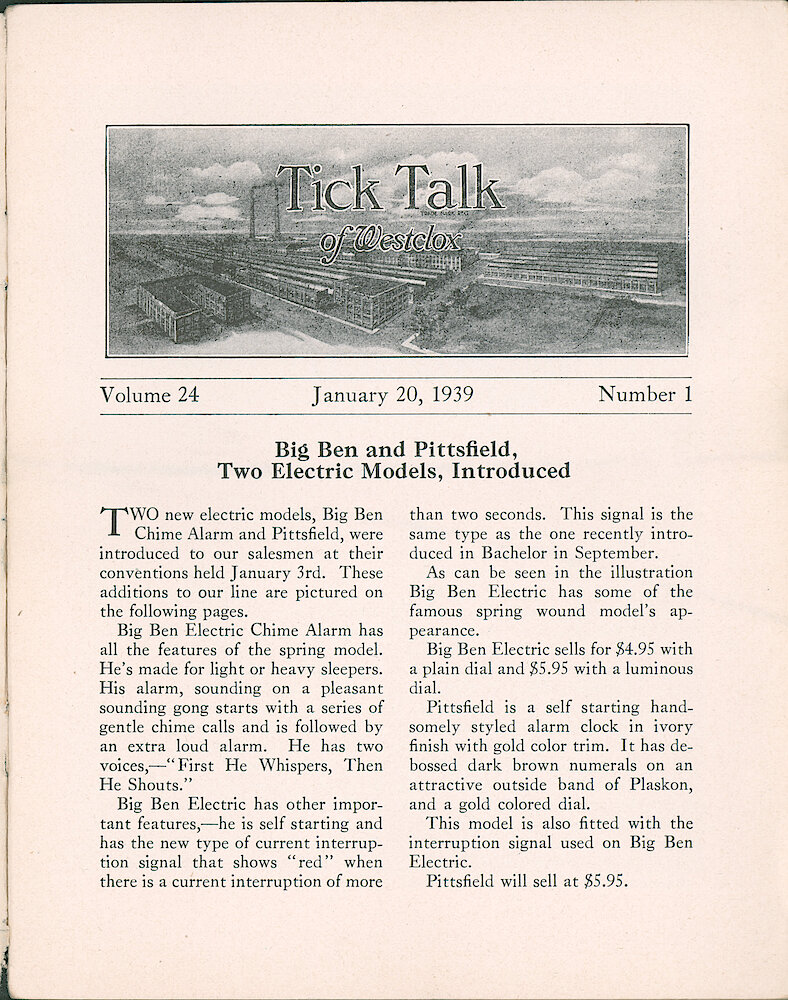 Westclox Tick Talk, January 20, 1939 (Factory Edition), Vol. 24 No. 1 > 1. New Models: Big Ben Electric (Style 5a) And Pittsfield Electric.
