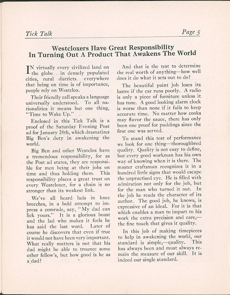 Westclox Tick Talk, January 20, 1939 (Factory Edition), Vol. 24 No. 1 > 5. Manufacturing: "Westcloxers Have Great Responsibility In Turning Out A Product That Awakens The World" Enclosed In This Issue Is A Proof Of The Saturday Evening Post Ad For January 28th Which Dramatizes Big Ben&039;s Duty In Awakening The World. (My Copy Doesn&039;t Have The ... 