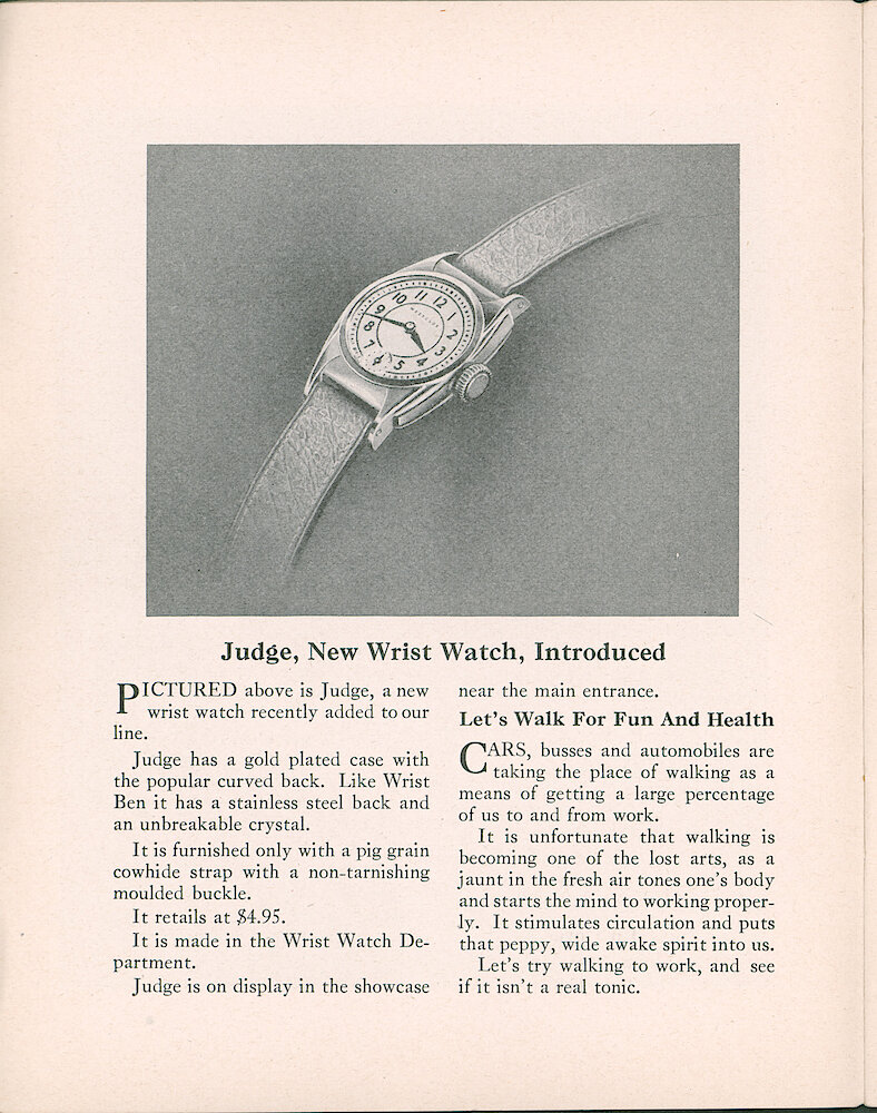 Westclox Tick Talk, January 20, 1939 (Factory Edition), Vol. 24 No. 1 > 6. New Model: Judge Wrist Watch