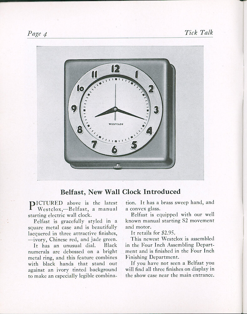 Westclox Tick Talk, March 28, 1939 (Factory Edition), Vol. 24 No. 3 > 4. New Model: Belfast Electric Wall Clock, Ivory, Red Or Green. Manual Starting Motor (S2 Motor).