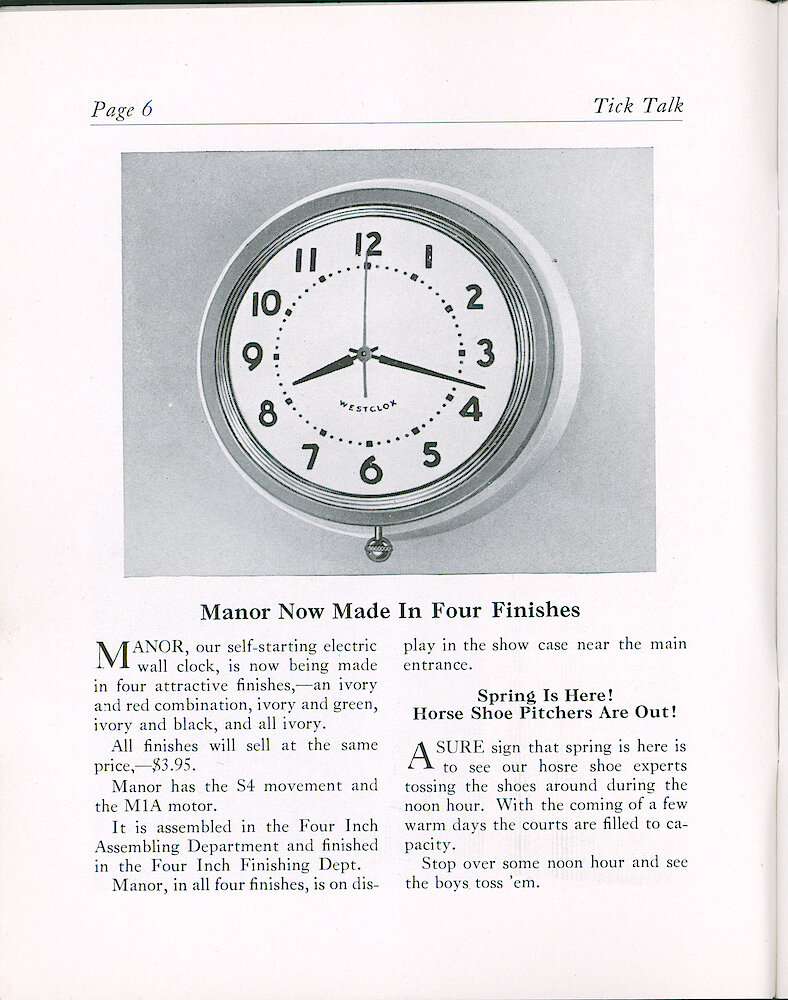 Westclox Tick Talk, March 28, 1939 (Factory Edition), Vol. 24 No. 3 > 6. New Model: Manor Round Electric Wall Clock Now Made In Four Finishes: Ivory & Red; Ivory & Green; Ivory & Black; Ivory. Self-starting Motor.