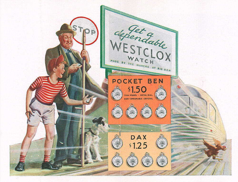 Westclox Tick Talk, March 28, 1939 (Factory Edition), Vol. 24 No. 3 > 18-19. Marketing: Illustrated Display Stand Described On Page 17 That Has Six Pocket Ben And Six Dax Pocket Watches.