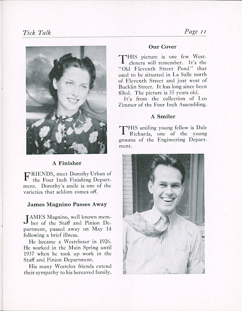 Westclox Tick Talk, May 17, 1939 (Factory Edition), Vol. 24 No. 5 > 11. Picture Caption: "Old Eleventh Street Pond" 35 Year Old Photo From Leo Zimmer. Caption On Page 11.