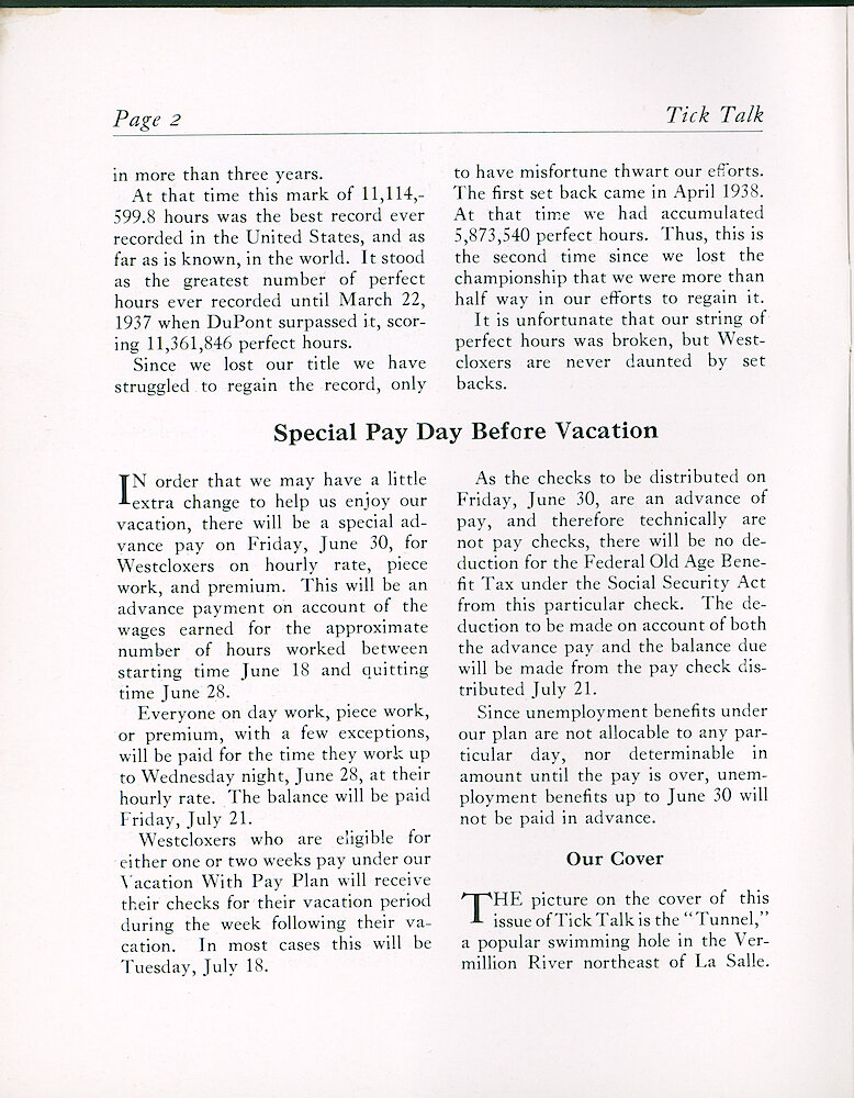 Westclox Tick Talk, June 16, 1939 (Factory Edition), Vol. 24 No. 6 > 2. Picture Caption: The "Tunnel", A Popular Swimming Hole In The Vermillion River Northeast Of La Salle.