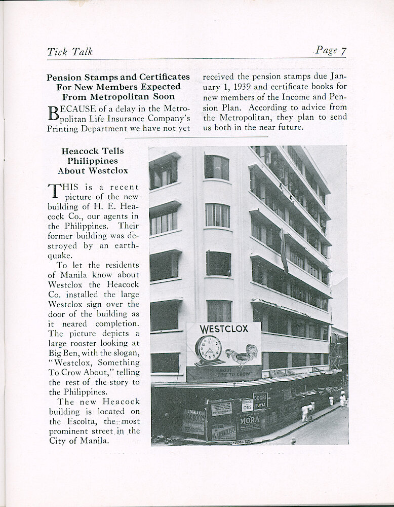 Westclox Tick Talk, June 16, 1939 (Factory Edition), Vol. 24 No. 6 > 7. Marketing: Picture Of New Building Of H. E. Heacock Co., Our Agents In The Philippines. Their Old Building Was Destroyed By An Earthquake.