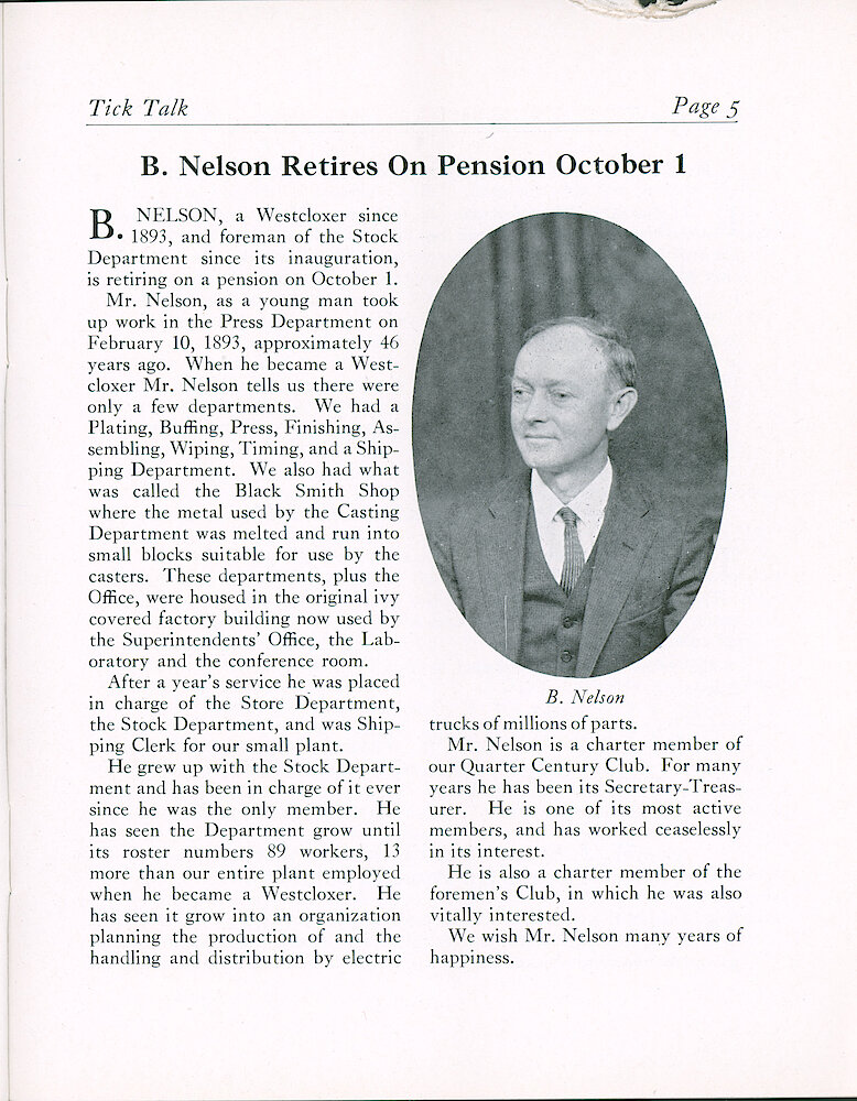 Westclox Tick Talk, July 1939 (Factory Edition), Vol. 24 No. 7 > 5. Personnel: B. Nelson Retires. Started In Press Department In 1893.